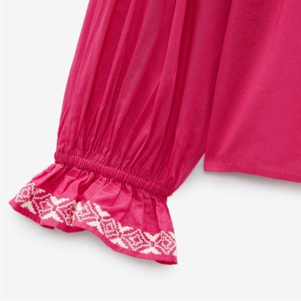 Zara Fuchsia Pink Blouse Top With White Embroidery Pink Size XS NEW - Picture 4 of 7